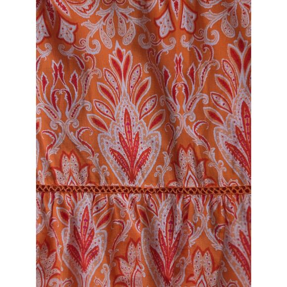 Loft Coral Fleur-de-Lis Elastic Waist Midi Skirt L Summer Office Siren Vacation - Picture 2 of 6